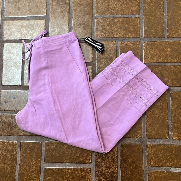 NWT Larry Levine Mulberry Purple Embroidered Linen Blend Cropped Pant - Picture 1 of 14